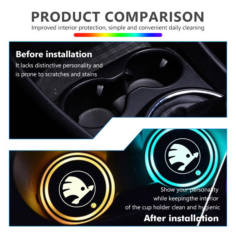 AAABS1 For Skoda Led Car Badge Emblem Drink Cup Holder Logo Light USB Charging Luminous Coaster Kodiaq Octavia 2 3 Rapid Karoq Fabia