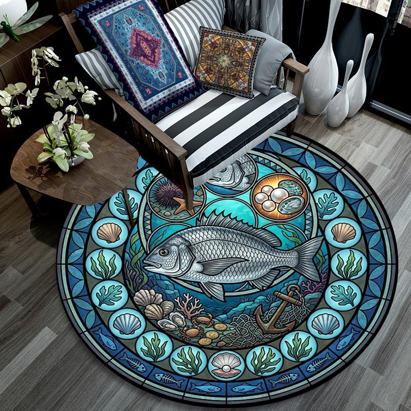 Marine Life Glass Round Area Rug Under Office Chairs Bedroom Living Room Home Decor