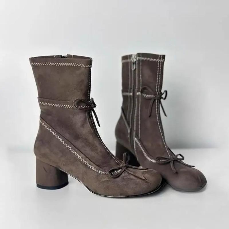 Fashion French Ballet Style Thick Heel Skinny Boots Women's Butterfly-Knot Round Toe Short Boots Side Zipper Elastic Mid-Calf Boots