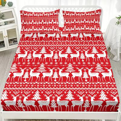 Bedding Three-Piece Set Christmas Elk 3D Printed Pillowcase Mattress Sheet