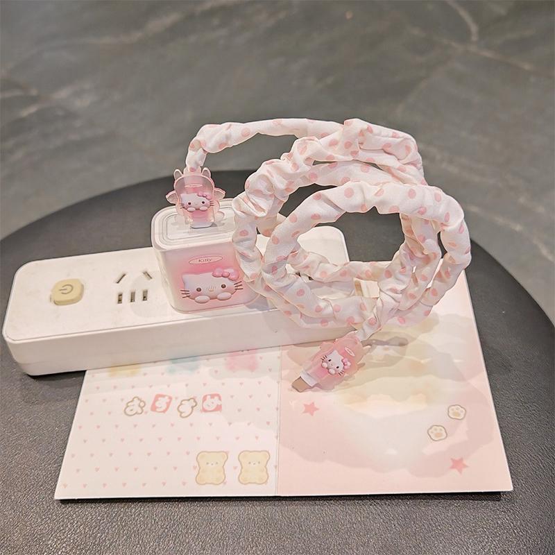 Leopard Print Hello Kitty Data Cable Protective Sleeve For Iphone 17 16 15 18/20W Charger Head Protector Cover Anti-Break Rope