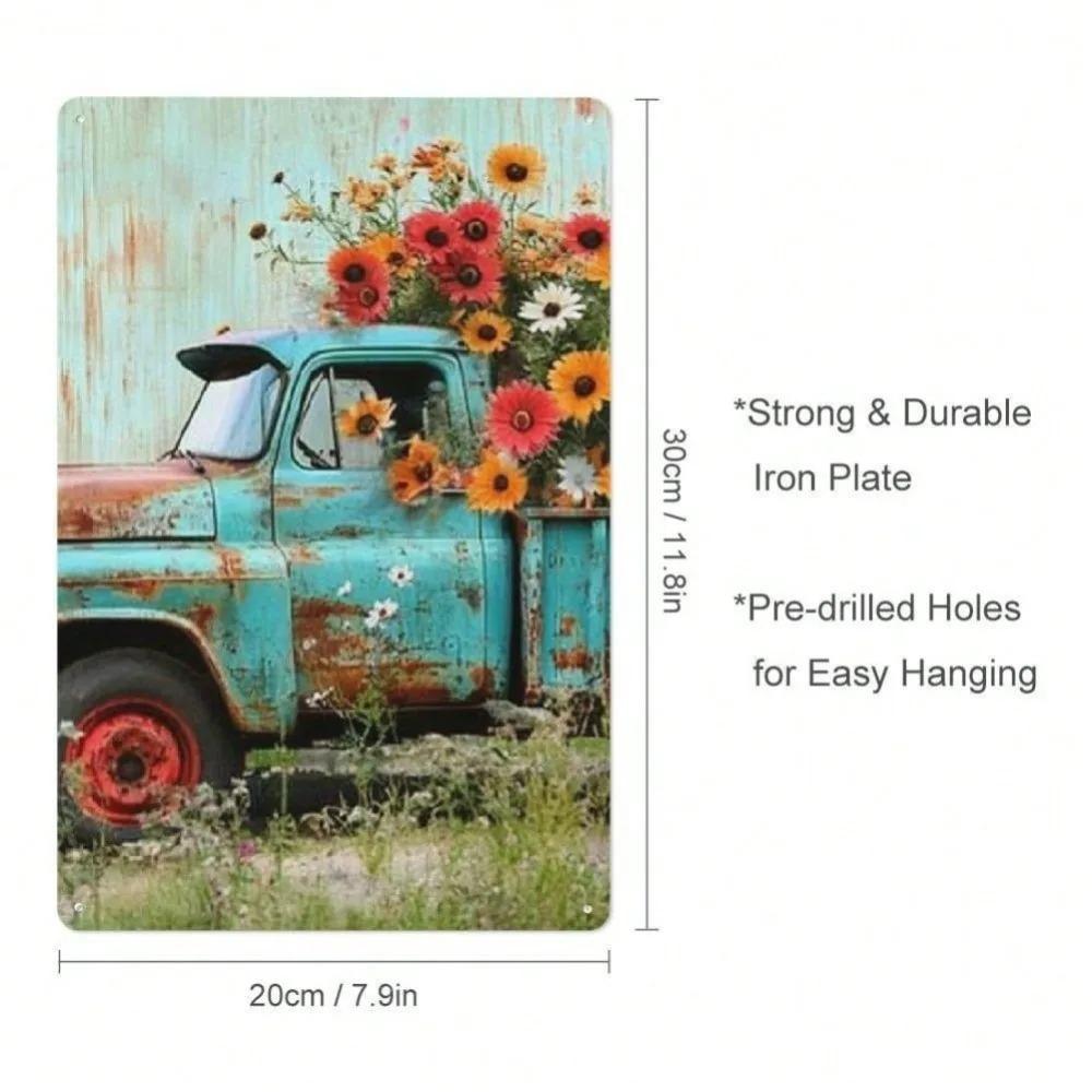 Vintage Metal Tin Sign Retro Floral Truck Wall Art 8x12 inch Home Decor