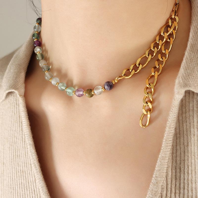 Multi-Color Natural Stone Beaded Titanium Steel Necklace