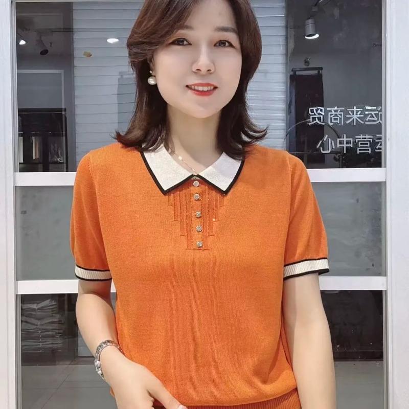 Women's Contrast Collar Polo Knit Top Short Sleeve Rhinestone Button Casual Blouse