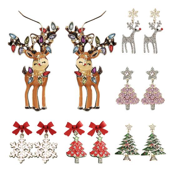 1 Pair Christmas Earrings Deer Snowflake Xmas Tree Design Hook Earrings Sparkling Rhinestones Party Earrings