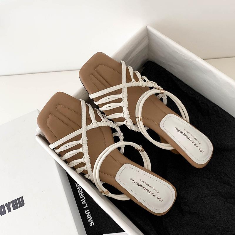 European Station 2025 Summer New High-heeled Sandals Women's Head Thin Strap Roman Sandals Women's Summer Two Shoes