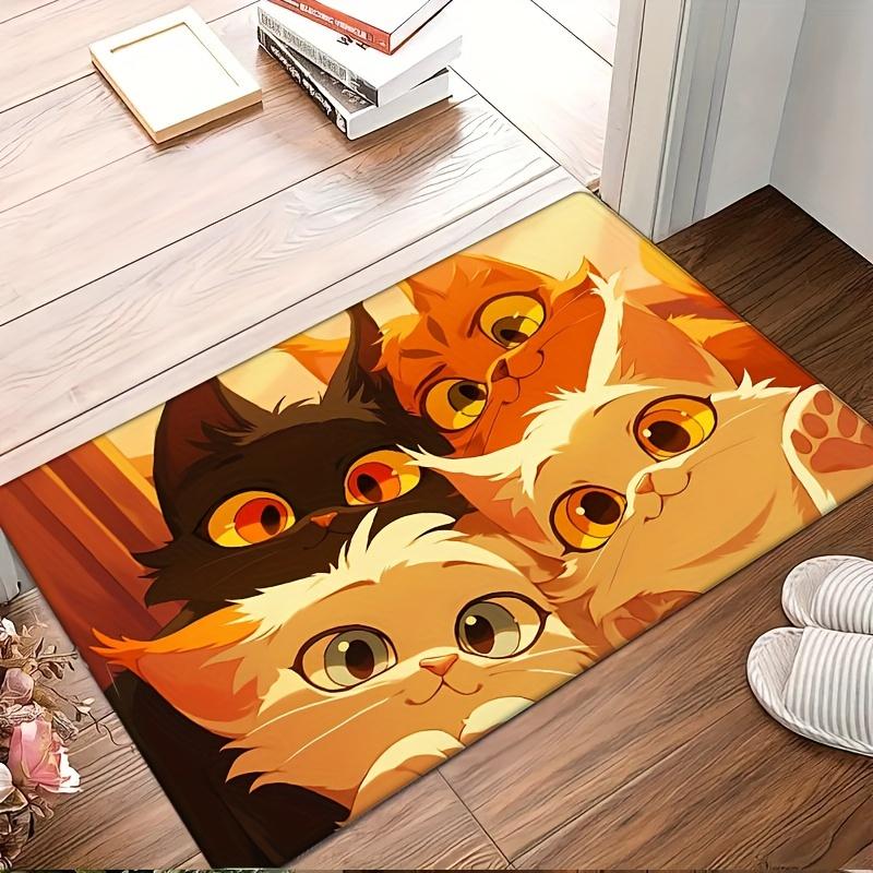 Flannel Thickness 0.47inch Foot-1pc Cartoon Character Fatigue Door Mat, Oil Painting Kitten Print Absorbent Anti-slip Mat Area C