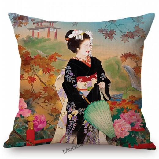 Beautiful Pretty Japanese Geisha Cartoon Traditional Kimono Girl Floral Cotton Linen Sofa Pillow Case Home Decor Cushion Cover