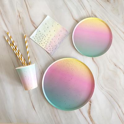 Rainbow Round Paper Cups Plates Napkins With Disposable Paper Tableware For Party Cake Plates Cups Wedding Birthday Banquet Picnic Dessert Decor