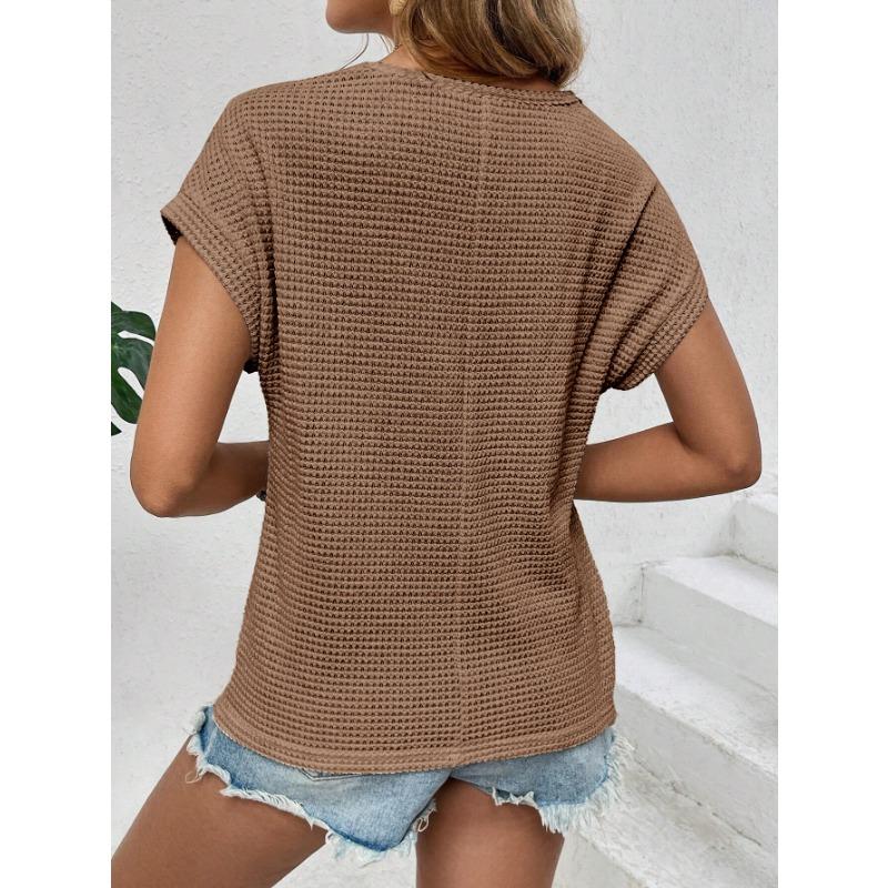 VEZFAA Women's Fashion Casual Summer Spring Solid Color Print Short Sleeve O-Neck Blouses & Shirts