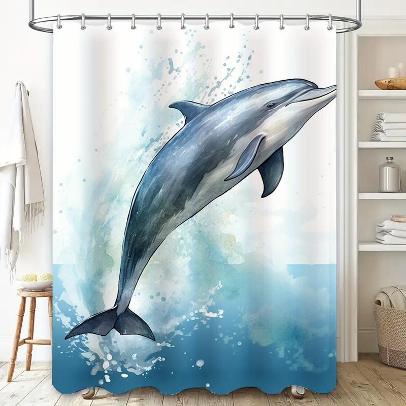 Watercolor Dolphin Shower CurtainModern Waterproof Fabric with Blue Splash Print for Bathroom Decor 180 x 274cm (Large Size)
