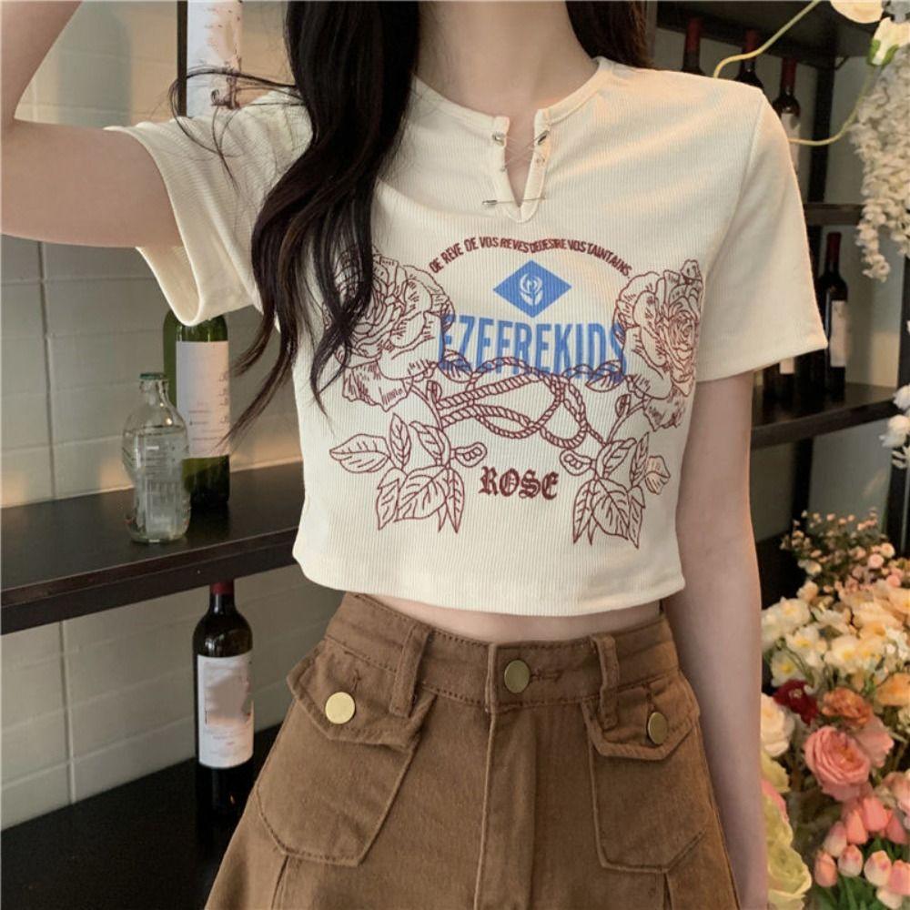 

Punk Women s Retro T-shirt V-neck Short Sleeved Top Vintage Y2K Crop Tops Girl L білий