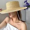 Wheat Straw Sun Hat For Women Summer Pearl Wide Brim Floppy Panama Fishermen Hats Female Lady Outdoor Foldable Beach Sun Caps
