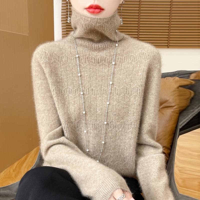 Women's Pure Wool Rhinestone Embellished Knit Top, Stacked Collar, Long Sleeve, Hollow Design for Autumn/Winter