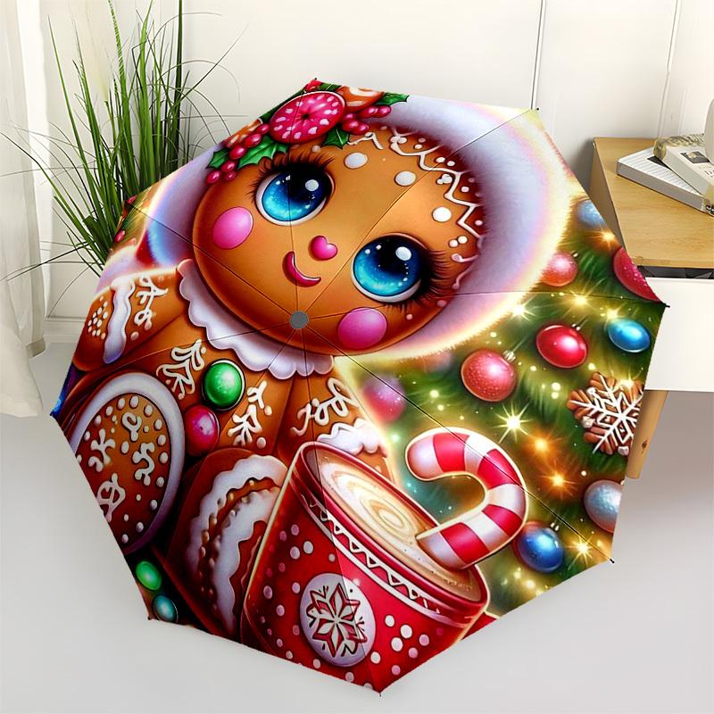 1pc Gingerbread Man Christmas Ornament with Candy Cane Mug, Automatic Opening Folding Umbrella, Portable 3-Fold Design, 8-Bone Iron Frame Outdoor Umbr