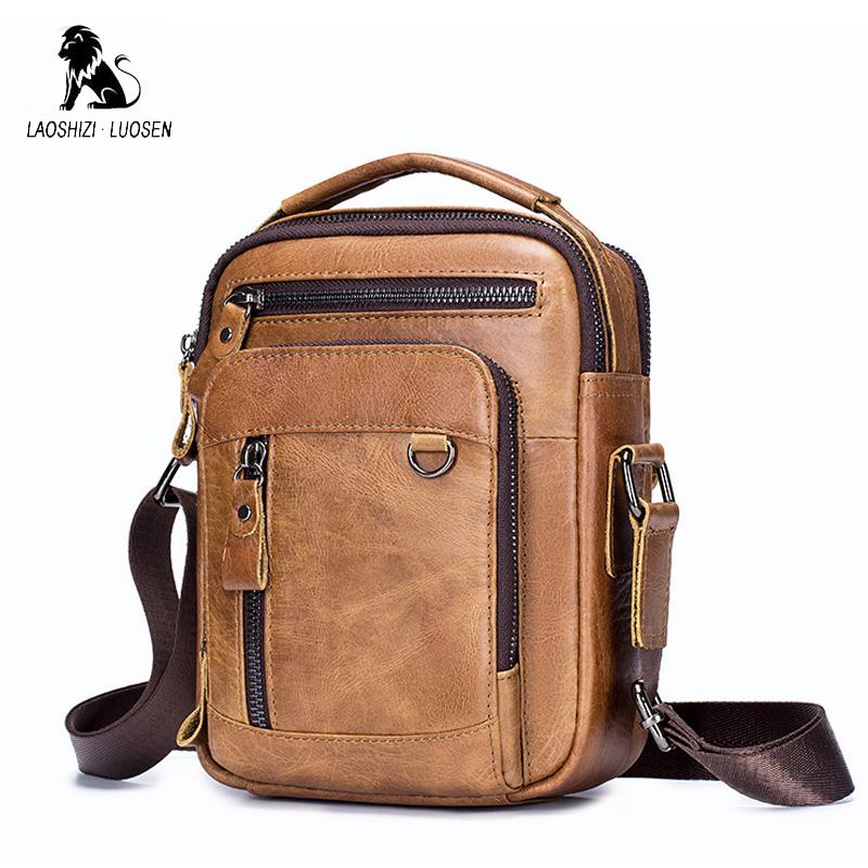 LAOSHIZI Genuine Leather Men's Crossbody Shoulder Bag Vintage Cowhide Messenger Bag for Male Small Casual Handbag