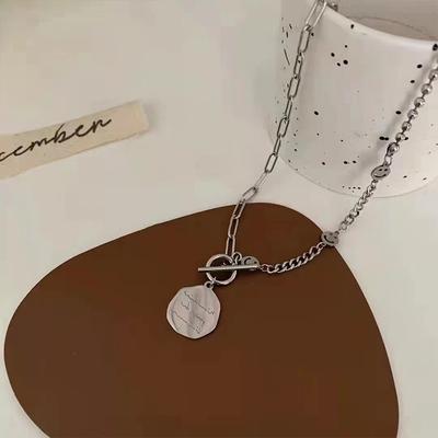 Ot Buckle Versatile Hip Hop Smiley Face Round Brand Pendant Stainless Steel Necklace Women'S Collarbone Chain Simple Sweet Sweater Chain