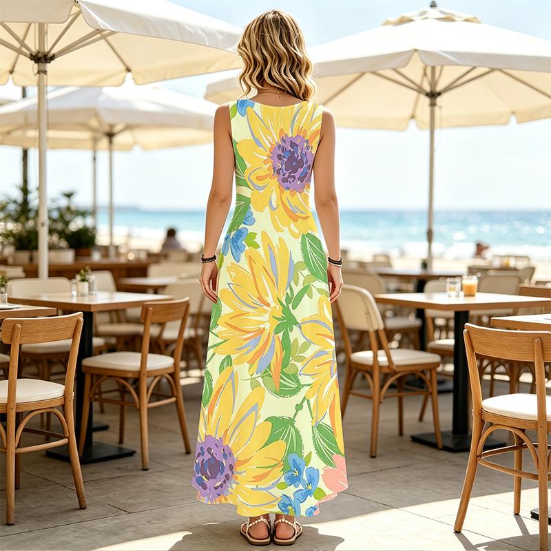 Women's Beach Maxi Dress,Floral Collection Lightweight,Full Flowy Skirt,Vibrant Colors,Versatile for Travel Photoshoots & Casual Daily Outings
