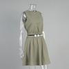 Women's  Spring Summer New Cotton Linen Casual Set Crew Neck Vest + Pleated Mini Skirt Outfit European American Style