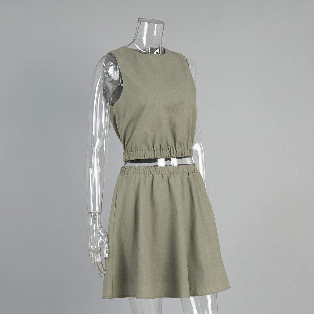 Women's  Spring Summer New Cotton Linen Casual Set Crew Neck Vest + Pleated Mini Skirt Outfit European American Style