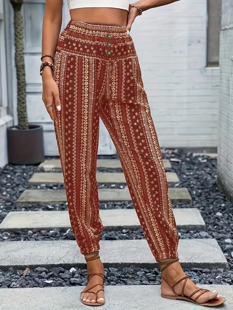Frühling/Sommer Damen Böhmischer Ethno-Print Locker Schlankmachend Drapierte Elastische Taille Aufgeschlagene Lässige Hose
