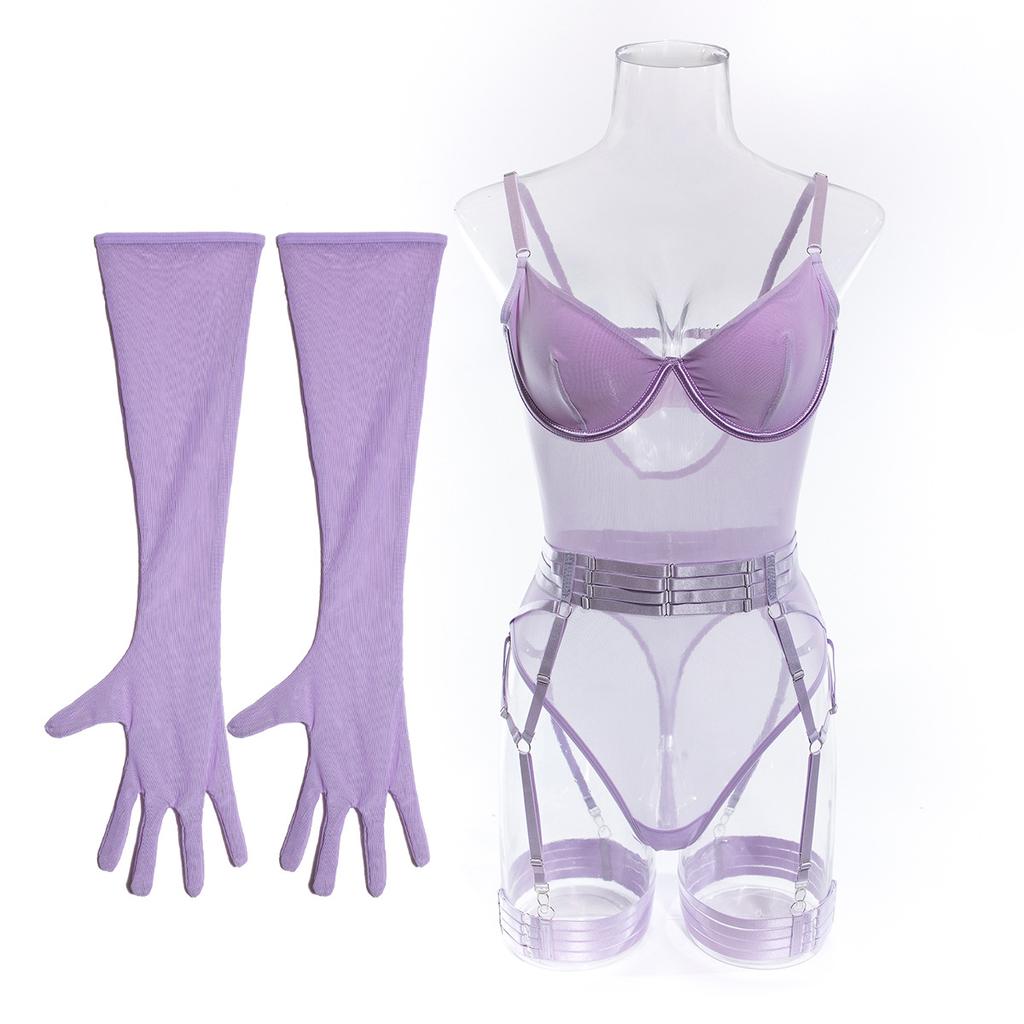 European and American Women Sexy Sheer See Through Bodysuit Patchwork Mesh Lingerie Shapewear with Straps and Gloves