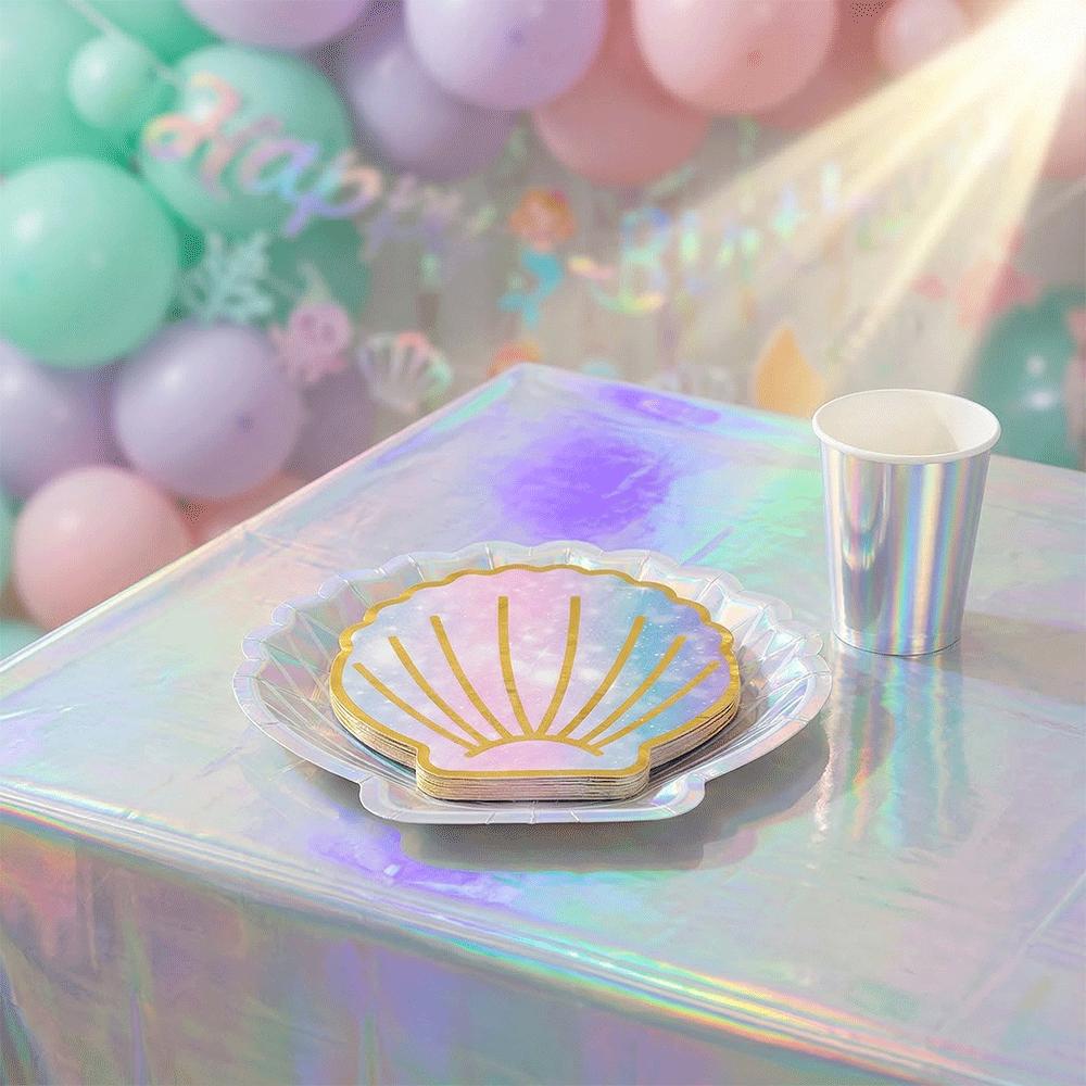 Holographic Mermaid Party Decorations Iridescent Under The Sea Girls Birthday Shell Tableware Plates Cups Tablecloth Baby Shower