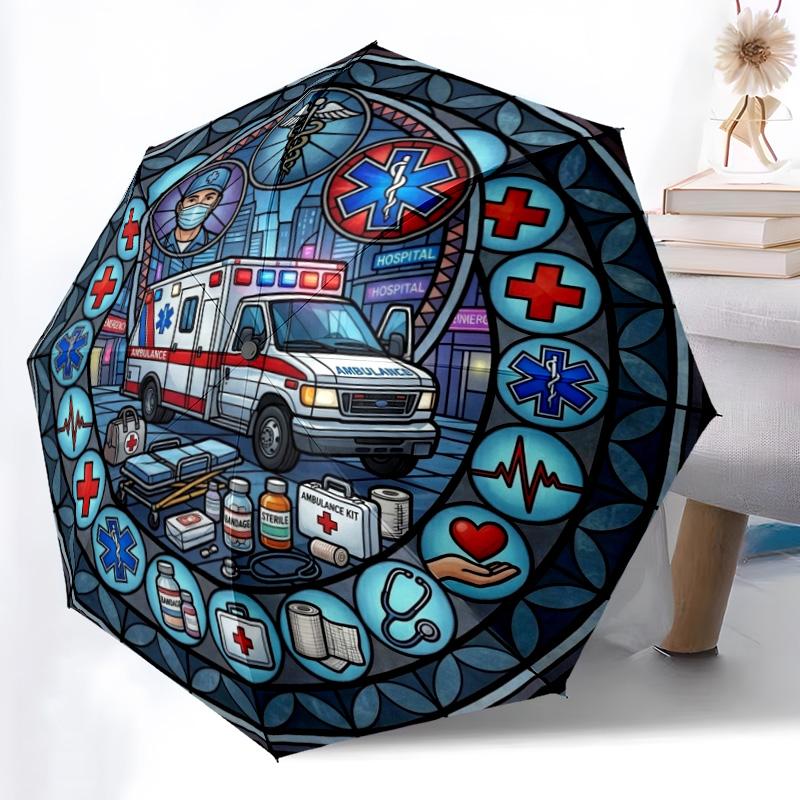 Emergency Medical Services pattern umbrella, portable and foldable design, 8 ribs, a casual accessory for Halloween, Christmas, and birthday gifts.