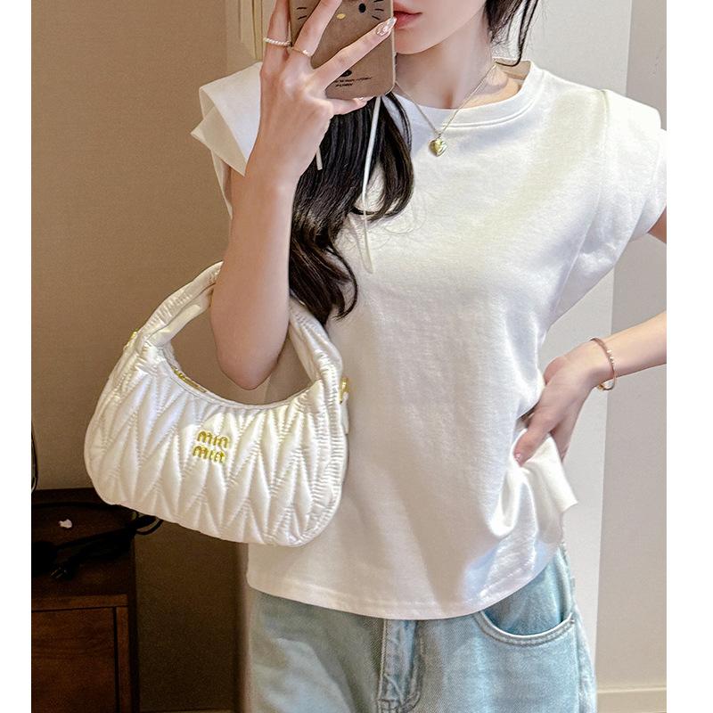 Summer white round neck short-sleeved t-shirt women's spring summer new design sense niche loose casual front shoulder look thin