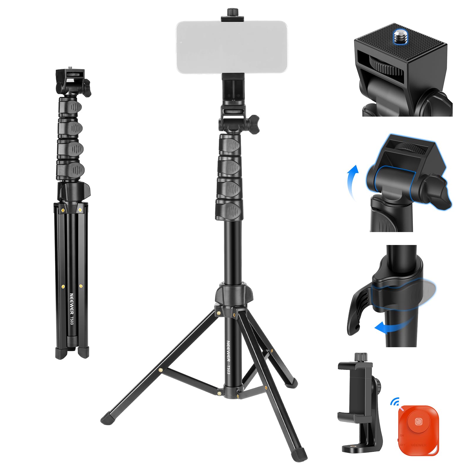 

NEEWER BASICS Smartphone Tripod Camera Tripod 167cm Metal Portable with Remote Control Smartphone Holder Smartphone Holder Mount for Video TS03 &