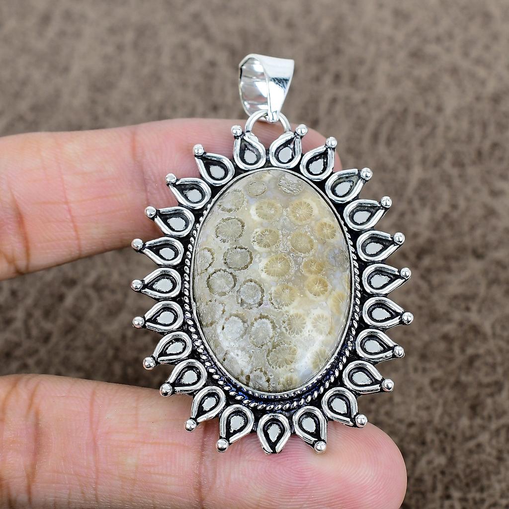 Fossil Coral Gemstone Handmade 925 Sterling Silver Jewelry Pendant 2.52" KKG-751