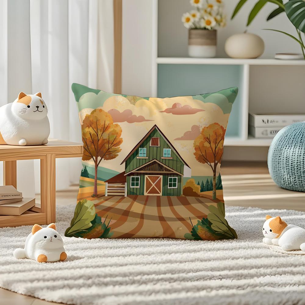 Colorful Farm Painting Pillow Case Silky Elegant Comfort Sofa Bed Invisible Zipper