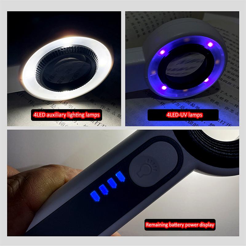 60x Handheld Rechargeable Magnifying Glass With 4led Auxiliary Lighting 4uv Lamp Illuminated Magnifier For Reading/repair