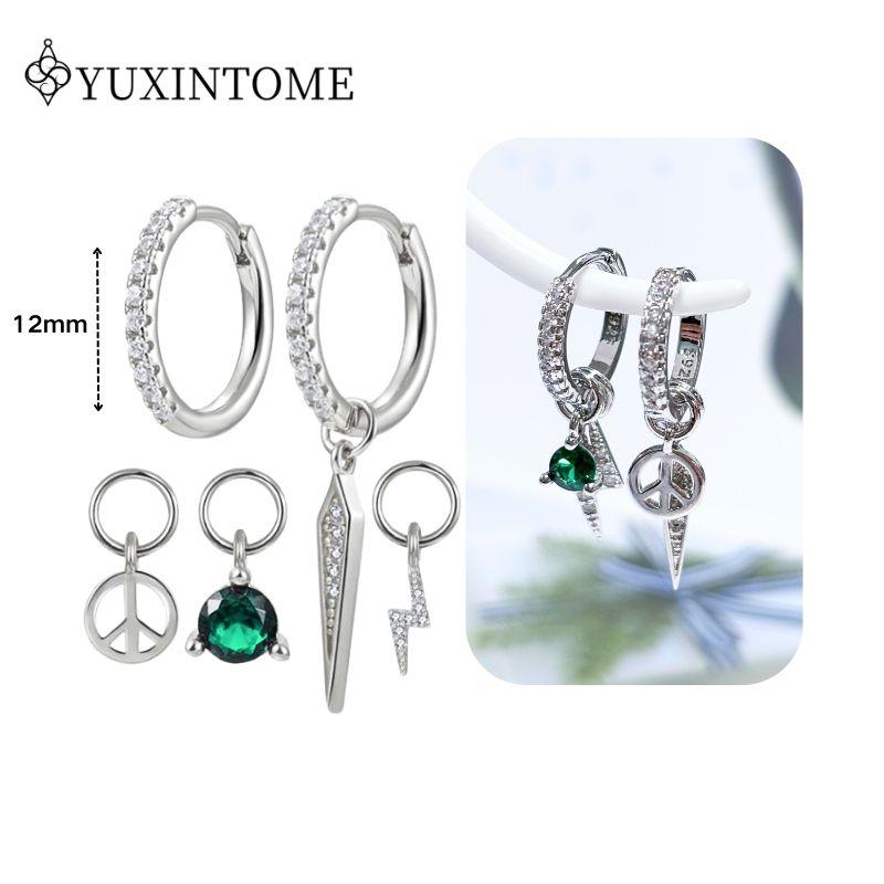 Turquoise 925 Silver Ear Needle Green Zircon vintage emerald Heart/Flower Pendant Hoop Earrings Fashion party Jewelry