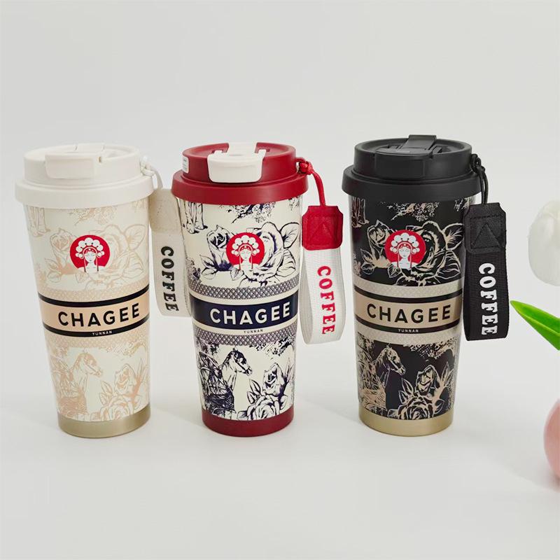 BaWangChaJi 316 Stainless Steel Aesthetic Insulated Coffee Cup with Double Straw Design