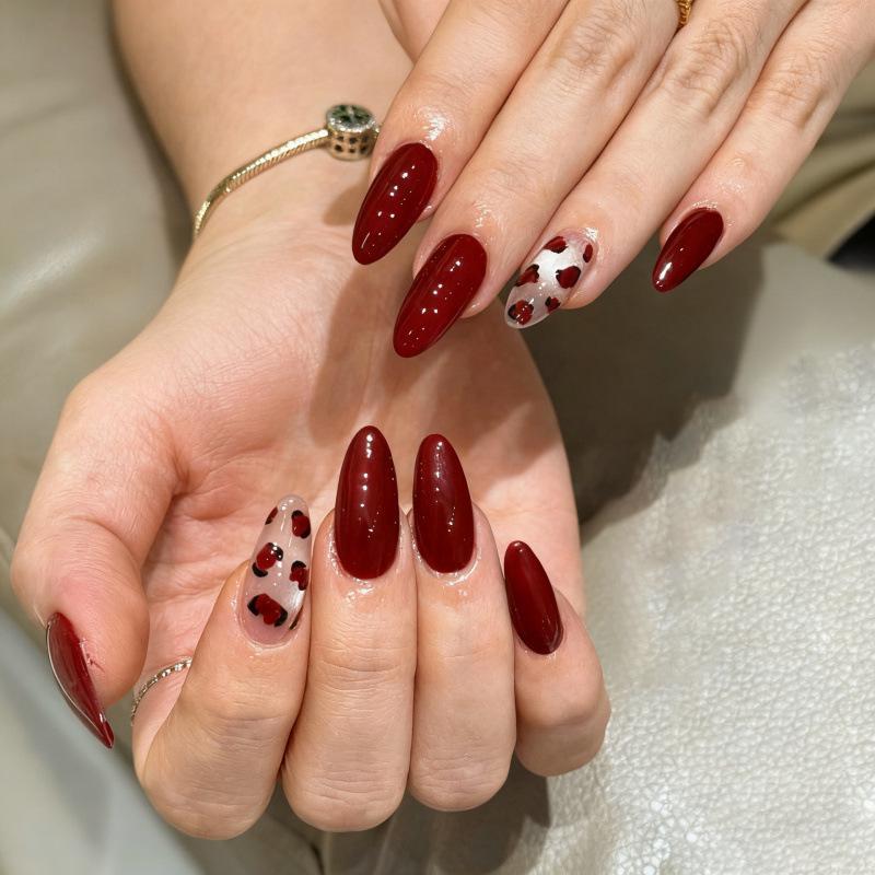30-Piece Wine Red Leopard Cat Eye Almond Manicure Nails - Wearable, Solid Color, High-End Design