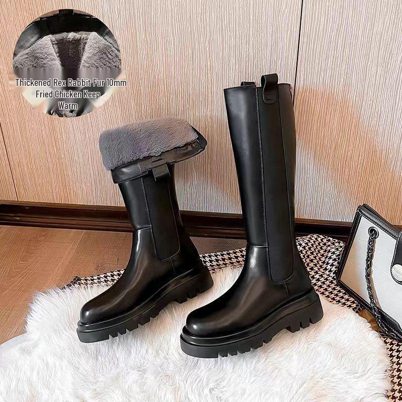 2025 Women's Over-the-Knee Leather and Fur Snow Boots, Plus Size, Fleece-Lined, Extra Wide, High-Leg