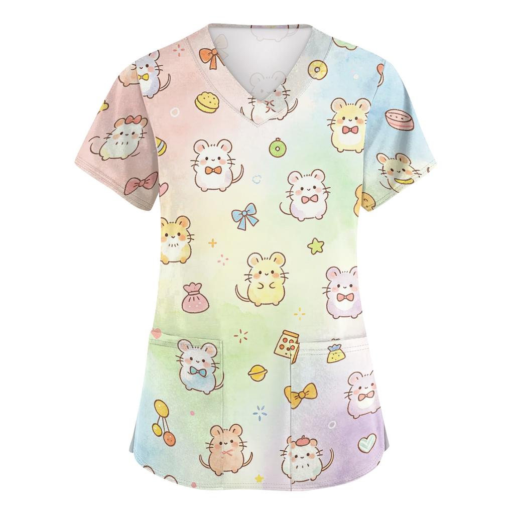 Women V Neck Short Sleeve Work Top with Pockets Animal Print Medical Uniform Scrub Shirt for Healthcare Professionals Nursing Staff