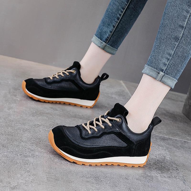 Women's Thick Sole Genuine Leather Dad Shoes - Height-Increasing, Casual Autumn/Winter Sports Sneakers