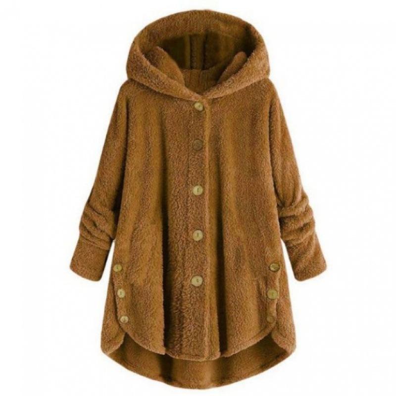 Autumn and Winter Fashion Women's Clothing European and American Style Button Plush Coat Irregular Plush Top Solid Color Coat