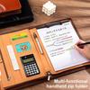 Leather Conference Folder Zippered Business Document Case with Calculator Clipboard Multiple Pocket Card Holder Pen Slot