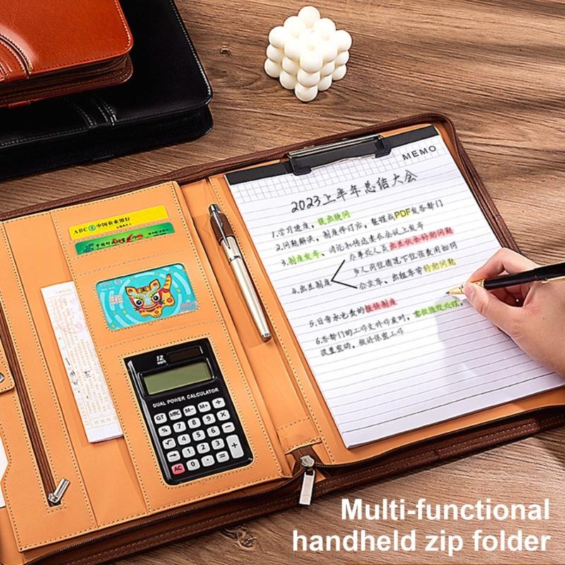 Leather Conference Folder Zippered Business Document Case with Calculator Clipboard Multiple Pocket Card Holder Pen Slot