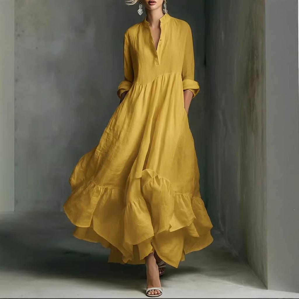 Women's Long Sleeve Loose Fit Maxi Dress Solid Color Round Neck Button Front Casual Full Length Dress with Flared Hem