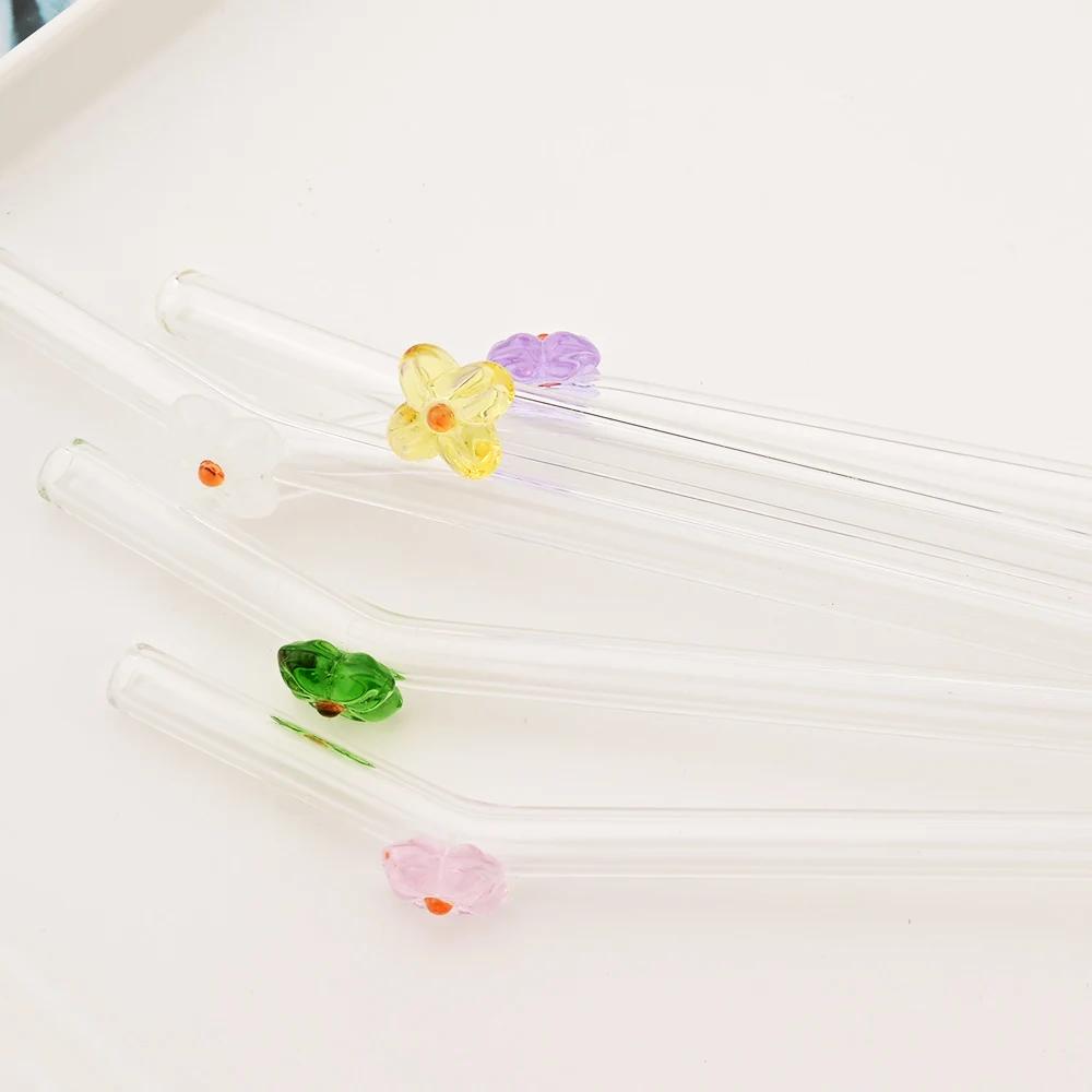 6Pcs Drinking Straw with Brush Set High Borosilicate Glass Flower Bent Straws Set Milk Coffee Shake Cocktail Straw Bar Drinkware