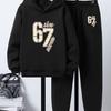 Boys' Casual Two-Piece Hoodie and Pants Set - "67 Number Patchwork" Print, Comfortable Long-Sleeved Pullover and Jogging Pants