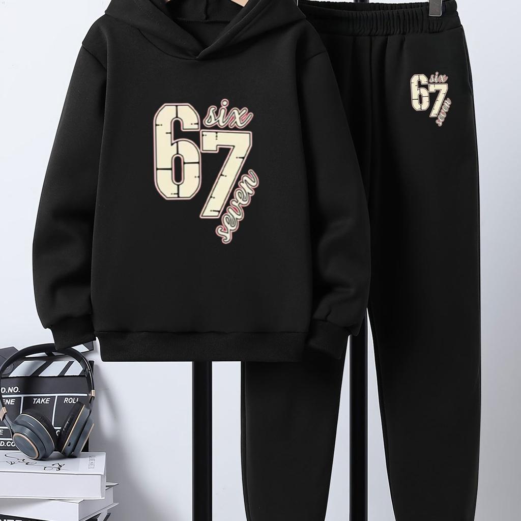 Boys' Casual Two-Piece Hoodie and Pants Set - "67 Number Patchwork" Print, Comfortable Long-Sleeved Pullover and Jogging Pants