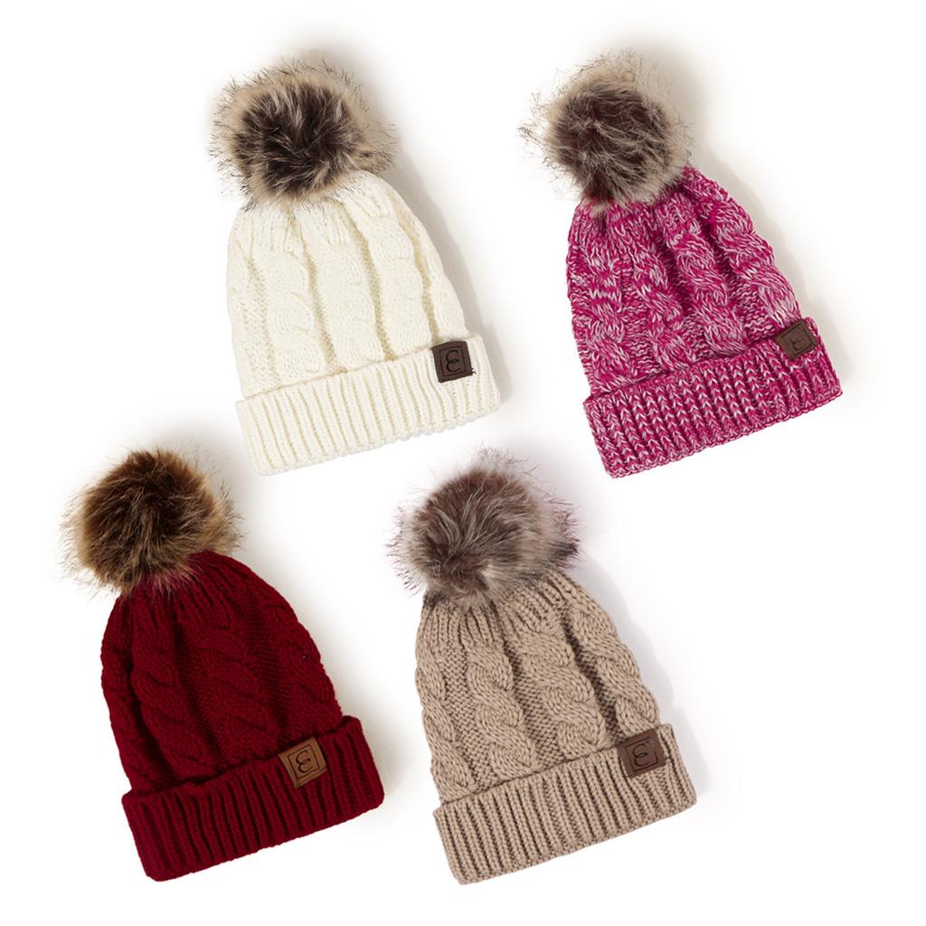 Unisex Acrylic Cable Knit Beanie Hat Winter Warm Pom Pom Cuff Brimmed Ear Cover Cap