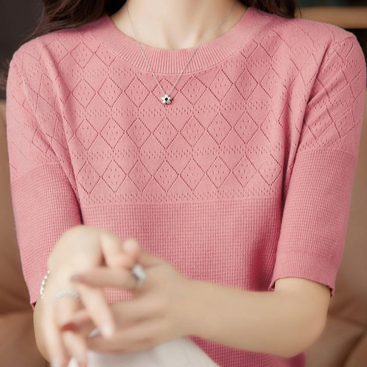 IHUASU Damen Strick-T-Shirt Sommer O-Ausschnitt Diamond Hollow Kurzarm Damenmode Strick-Halbarm-Oberteile