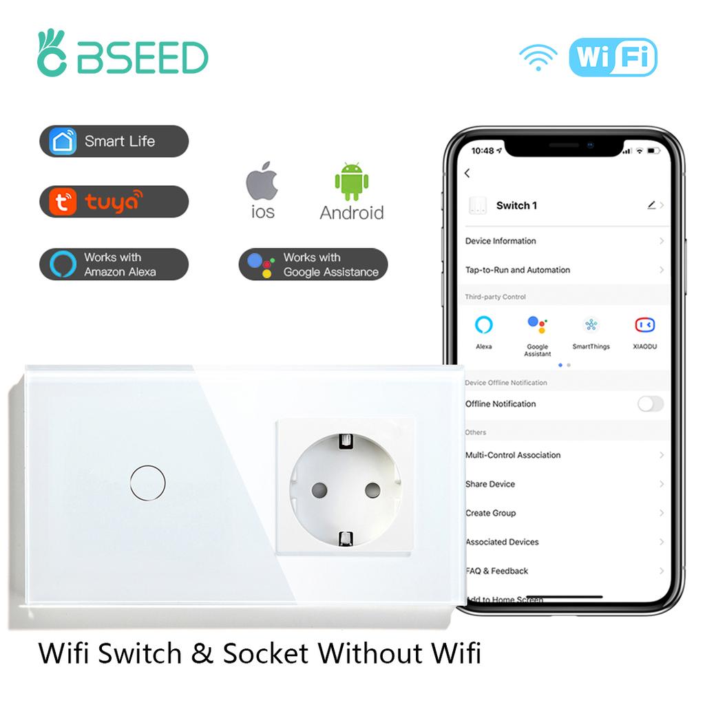 BSEED  Wifi 1/2/3Gang Smart Touch Switches 1/2/3Way Wall Light Switches Tuya Smart Life App Control Plus Sockets EU Standard
