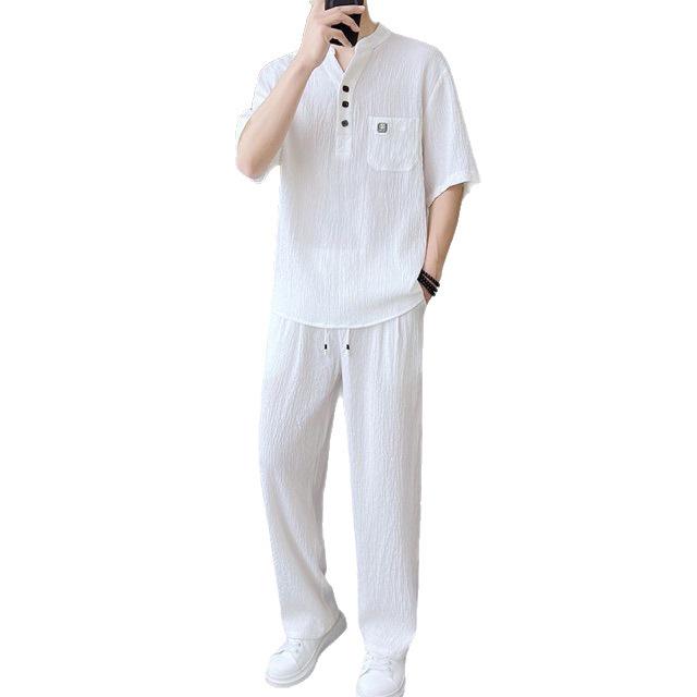 Men's Summer 2026 Ice Silk V-neck Polo Shirt & Long Pants Matching Set